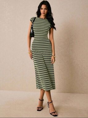 Striped Knit Midi Dress in Green and Tan